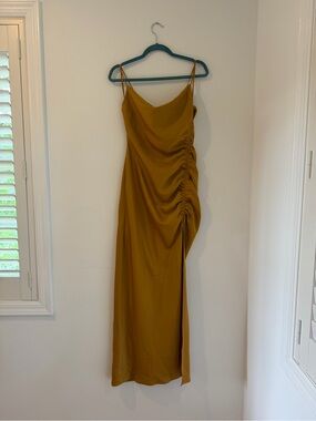 BHLDN Jennings Maxi Dress in Mustard, Ruched Maxi Slip Dress with Side Slit
